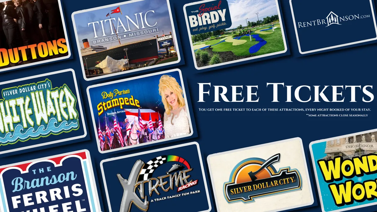 A colorful, eye-catching interior scene that prominently features logos of Branson attractions and free ticket graphics, representing the perks guests receive when booking through the property management team. The energetic graphics and vibrant palette evoke excitement and anticipation for local outings.